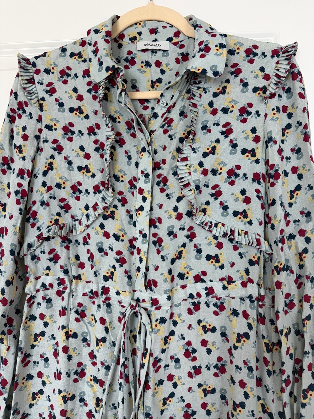 Max & Co. Pale Blue Floral Ruffle Tie-Waist Dress with Red and Yellow Accents